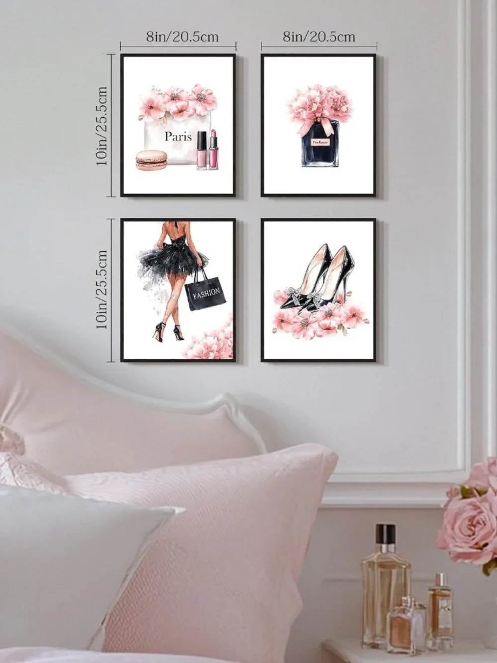Glam Pink Beauty Wall Art Set - Framed Makeup Decor for Bedroom & Bathroom, 8x10
